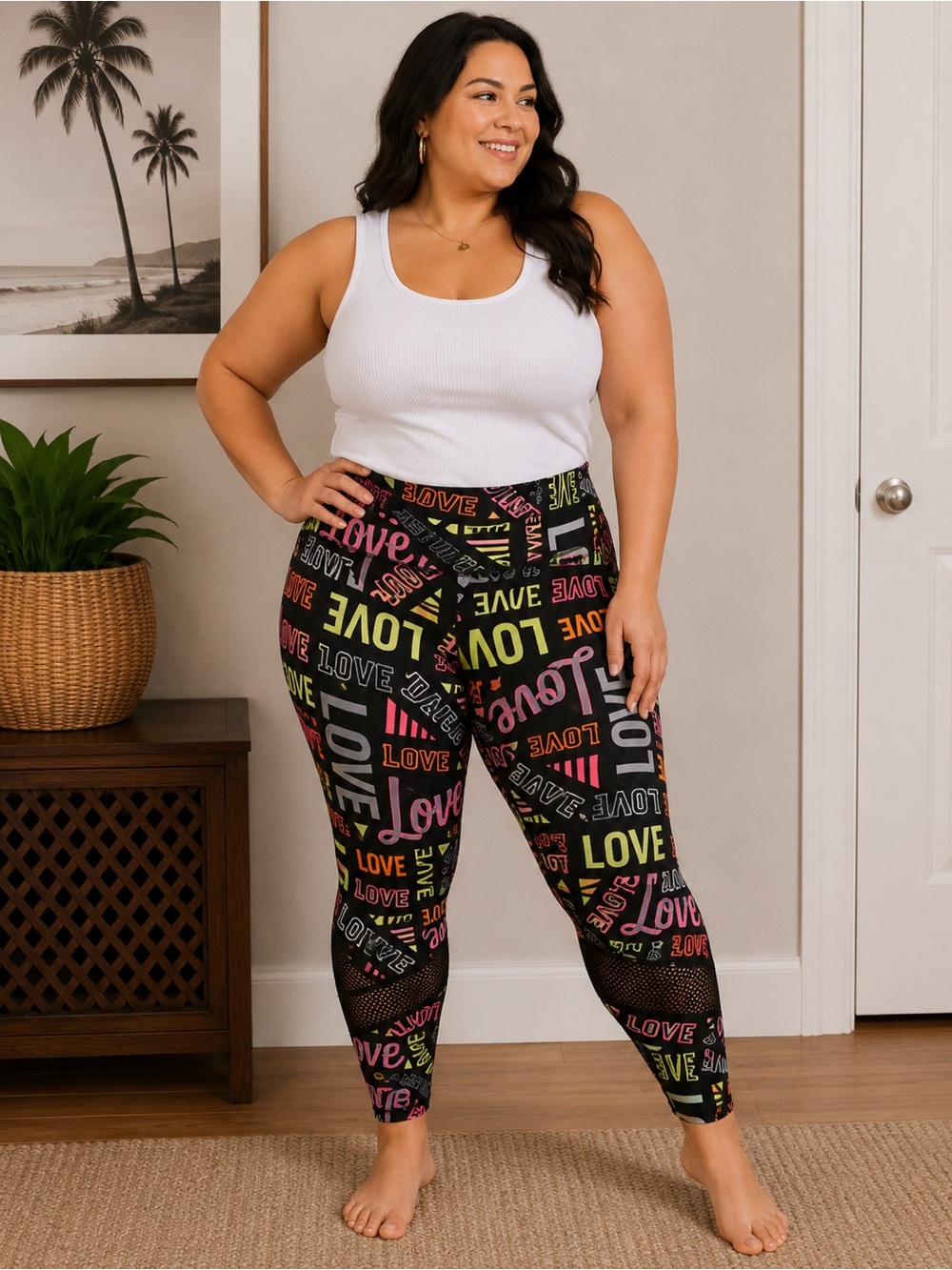 Women’s XL LOVE Graphic Leggings Black Multicolor Mesh Detail